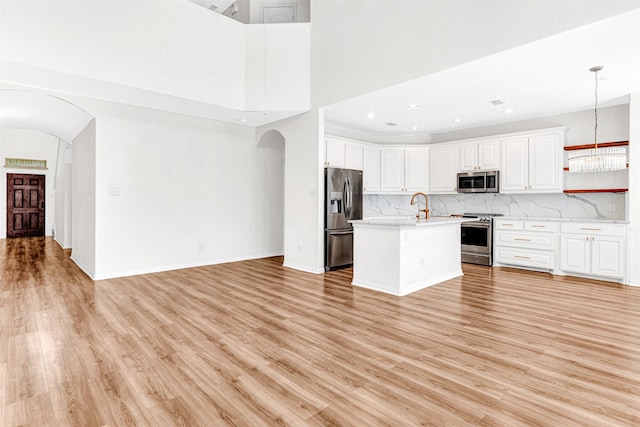 3724 Sicily St, Irving, TX 75038 - kitchen featuring appliances with stainless steel finishes, arched walkways, open floor plan, light countertops, and light wood finished floors