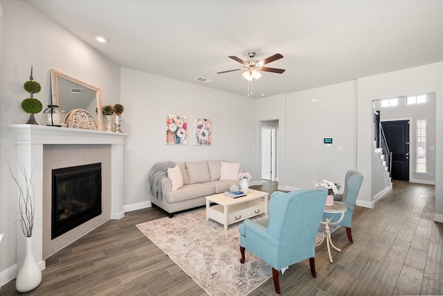 3604 Hidden Hollow Dr, Grand Prairie, TX 76065 - living area with wood finished floors, ceiling fan, a brick fireplace, baseboards, and recessed lighting