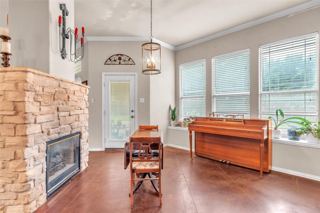 1125 Starling Ct, Burleson, TX 76028 - dining space with plenty of natural light, a stone fireplace, ornamental molding, and baseboards