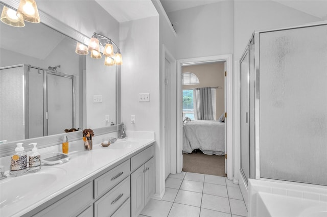 1125 Starling Ct, Burleson, TX 76028 - ensuite bathroom featuring a shower stall, double vanity, tile patterned floors, and a bath