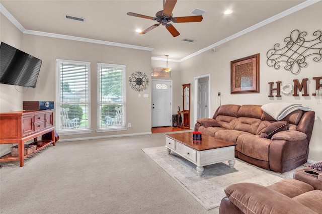 1125 Starling Ct, Burleson, TX 76028 - carpeted living room featuring a ceiling fan, crown molding, and baseboards