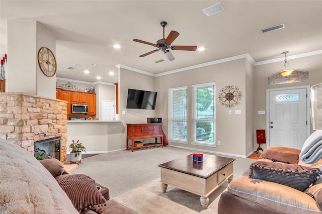 1125 Starling Ct, Burleson, TX 76028 - living room with baseboards, a ceiling fan, light carpet, crown molding, and recessed lighting