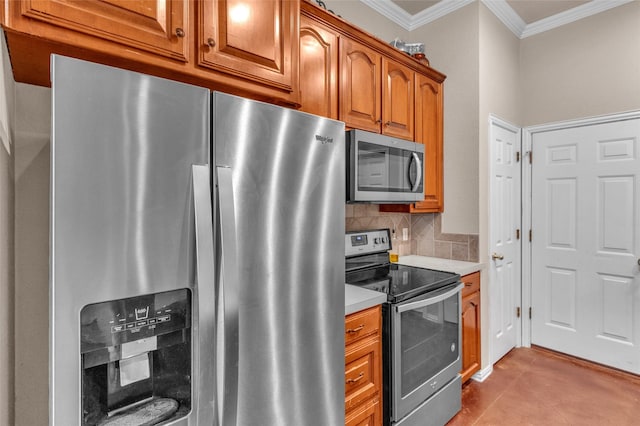 1125 Starling Ct, Burleson, TX 76028 - kitchen featuring appliances with stainless steel finishes, ornamental molding, decorative backsplash, brown cabinets, and light countertops