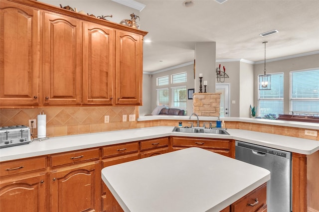 1125 Starling Ct, Burleson, TX 76028 - kitchen featuring dishwasher, a sink, ornamental molding, a peninsula, and backsplash