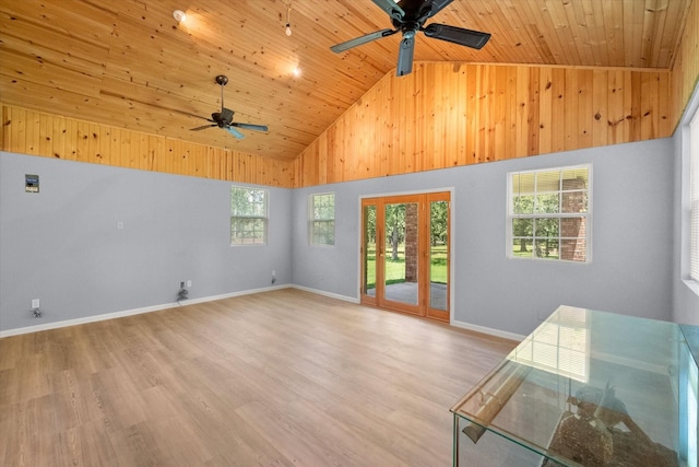 209 Circle Dr, Alvarado, TX 76009 - unfurnished living room featuring wood ceiling, a ceiling fan, high vaulted ceiling, plenty of natural light, and light wood-style floors