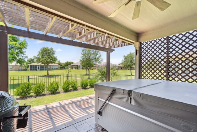 6173 Arcadia Park Ln, Frisco, TX 75036 - view of patio featuring a hot tub, ceiling fan, a pergola, and area for grilling