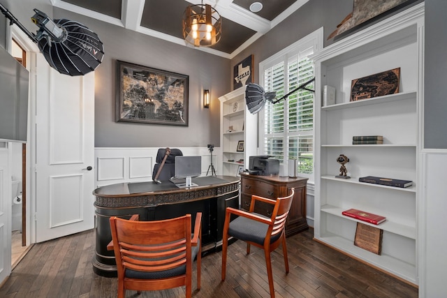 4452 Druid Hills Dr, Frisco, TX 75034 - home office with dark wood-style floors, wainscoting, crown molding, and a decorative wall