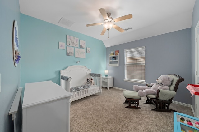 4452 Druid Hills Dr, Frisco, TX 75034 - carpeted bedroom featuring a crib, ceiling fan, and baseboards