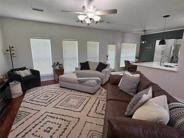 702 John Thomas Dr, Keene, TX 76059 - living area featuring a ceiling fan, wood finished floors, and plenty of natural light