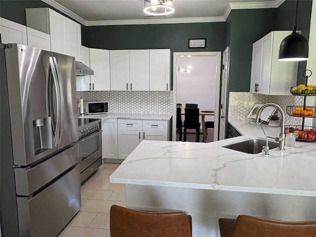 702 John Thomas Dr, Keene, TX 76059 - kitchen with appliances with stainless steel finishes, a sink, ventilation hood, decorative backsplash, and crown molding
