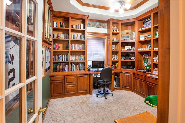 1991 Saint Andrews Dr, Red Oak, TX 75154 - home office with carpet flooring, ornamental molding, ceiling fan, a raised ceiling, and built in desk