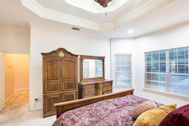 1991 Saint Andrews Dr, Red Oak, TX 75154 - bedroom featuring a raised ceiling, ornamental molding, light colored carpet, baseboards, and a ceiling fan