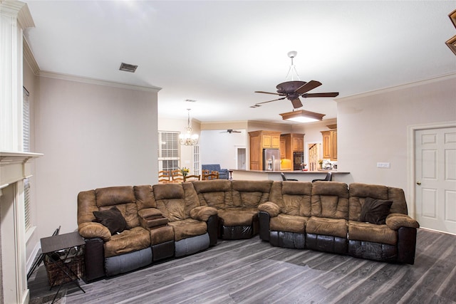 1991 Saint Andrews Dr, Red Oak, TX 75154 - living area with ceiling fan, dark wood finished floors, a chandelier, ornamental molding, and a fireplace