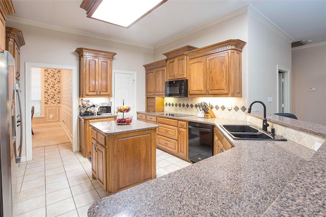 1991 Saint Andrews Dr, Red Oak, TX 75154 - kitchen featuring black appliances, a sink, tasteful backsplash, light tile patterned flooring, and ornamental molding