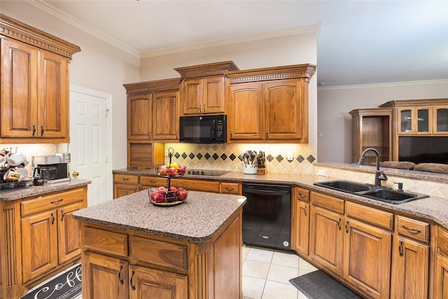 1991 Saint Andrews Dr, Red Oak, TX 75154 - kitchen featuring black appliances, a sink, tasteful backsplash, brown cabinetry, and light tile patterned flooring