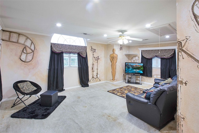 1991 Saint Andrews Dr, Red Oak, TX 75154 - carpeted living area with recessed lighting, ornamental molding, ceiling fan, attic access, and baseboards
