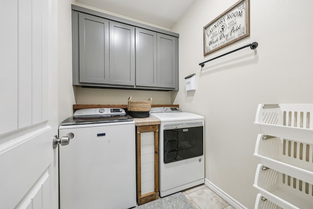 601 S 4th St, Crandall, TX 75114 - washroom featuring separate washer and dryer, cabinet space, baseboards, and light tile patterned flooring