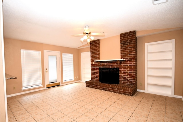 2906 Kingswood Dr, Garland, TX 75040 - unfurnished living room with built in shelves, a ceiling fan, light tile patterned floors, and a brick fireplace