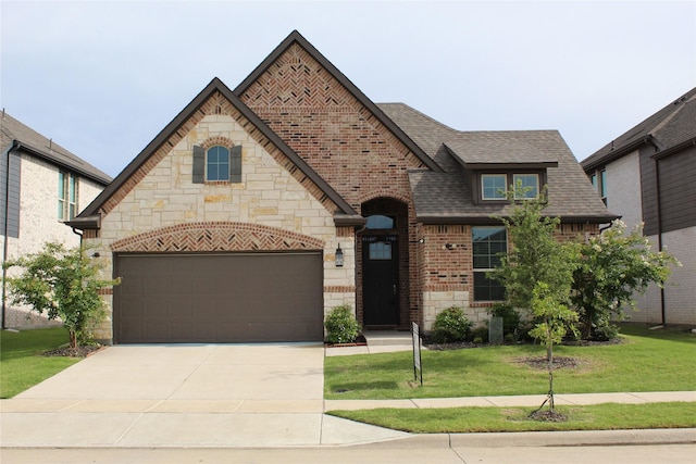 608 Remington Rd, Celina, TX 75009 - view of front facade with a front yard, stone siding, driveway, brick siding, and a shingled roof