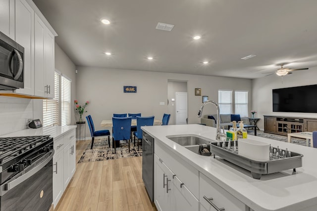 201 Olympus St, Wylie, TX 75098 - kitchen with a sink, stainless steel appliances, recessed lighting, light wood finished floors, and ceiling fan