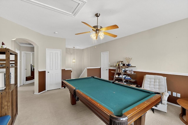 848 Ridge Point Dr, Grand Prairie, TX 75052 - recreation room with light colored carpet, ceiling fan, billiards table, and arched walkways