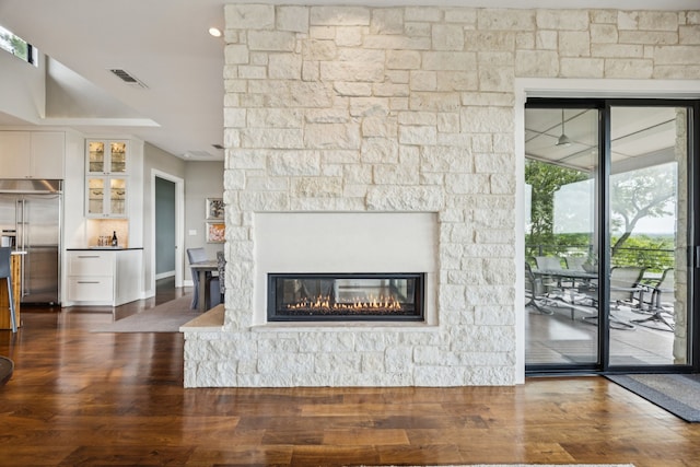 4003 Cheyenne Cir, Flower Mound, TX 75022 - unfurnished living room featuring dark wood finished floors, a fireplace, baseboards, and recessed lighting