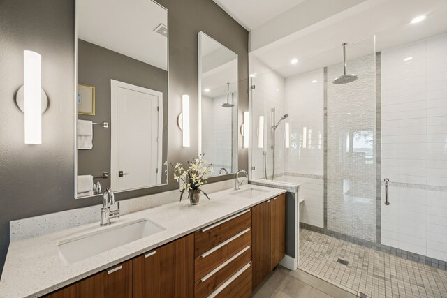 4003 Cheyenne Cir, Flower Mound, TX 75022 - full bathroom featuring a shower stall, double vanity, tile patterned flooring, and recessed lighting
