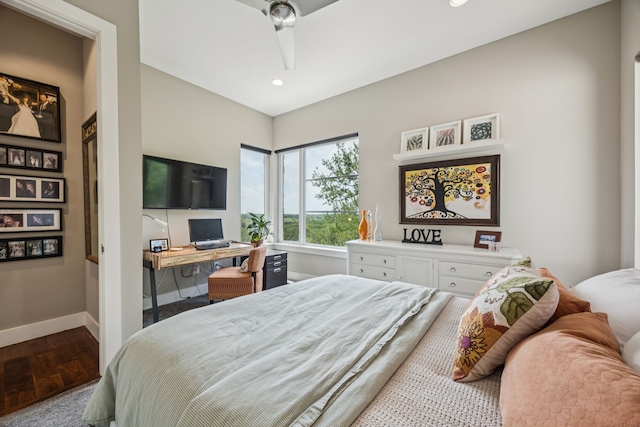 4003 Cheyenne Cir, Flower Mound, TX 75022 - bedroom with wood finished floors, baseboards, an office area, recessed lighting, and ceiling fan