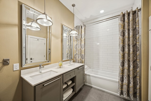 4003 Cheyenne Cir, Flower Mound, TX 75022 - bathroom with shower / bathtub combination with curtain, double vanity, and tile patterned floors