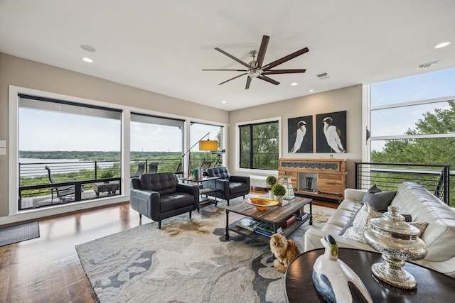 4003 Cheyenne Cir, Flower Mound, TX 75022 - living room with a ceiling fan, wood finished floors, and recessed lighting