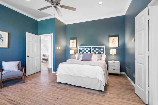 1310 Rolling Acres Dr, Argyle, TX 76226 - bedroom featuring crown molding, baseboards, wood finished floors, recessed lighting, and a ceiling fan