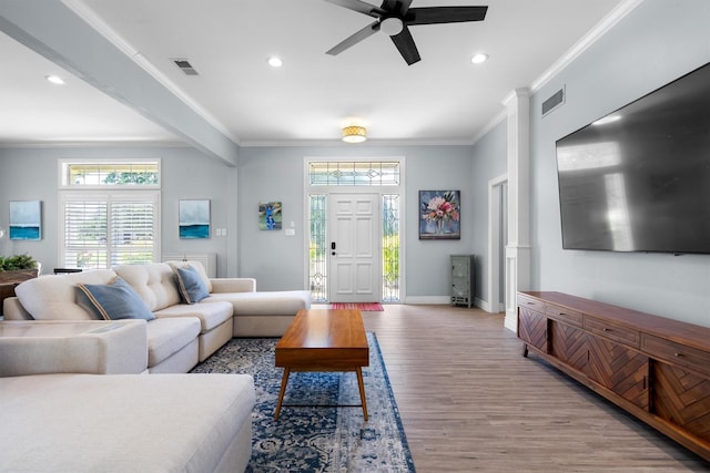 1310 Rolling Acres Dr, Argyle, TX 76226 - living room with crown molding, wood finished floors, recessed lighting, baseboards, and a ceiling fan