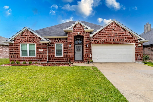 2111 Preston Trl, Forney, TX 75126 - view of front of house with brick siding, concrete driveway, a garage, a front lawn, and a shingled roof