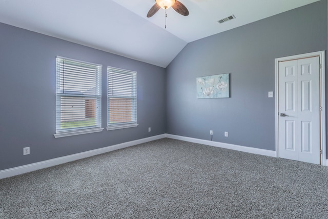 2111 Preston Trl, Forney, TX 75126 - carpeted empty room featuring a ceiling fan, vaulted ceiling, and baseboards