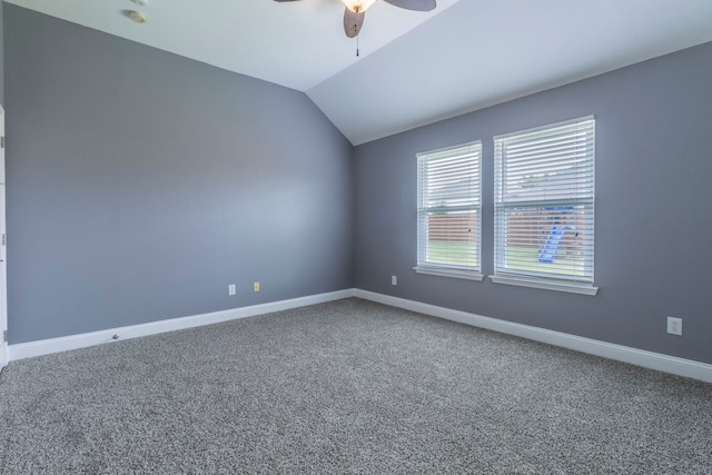 2111 Preston Trl, Forney, TX 75126 - spare room featuring ceiling fan, carpet flooring, lofted ceiling, and baseboards
