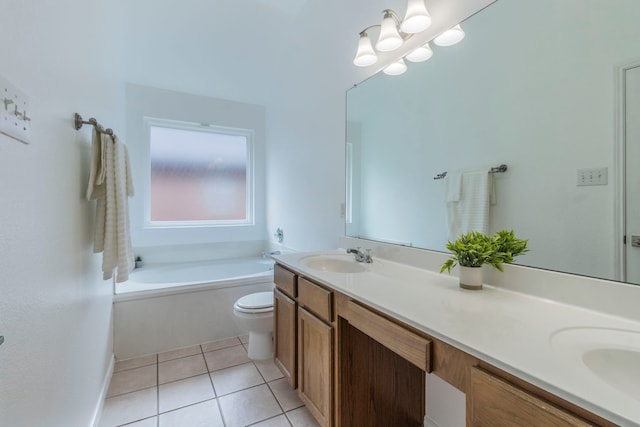 2111 Preston Trl, Forney, TX 75126 - full bath featuring double vanity, a bath, toilet, tile patterned floors, and a chandelier