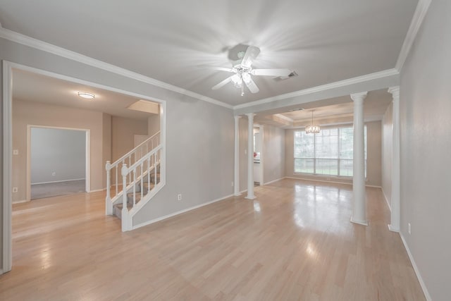 1803 Haydenbend Cir, Grapevine, TX 76051 - spare room featuring ornate columns, light wood finished floors, ceiling fan, baseboards, and crown molding