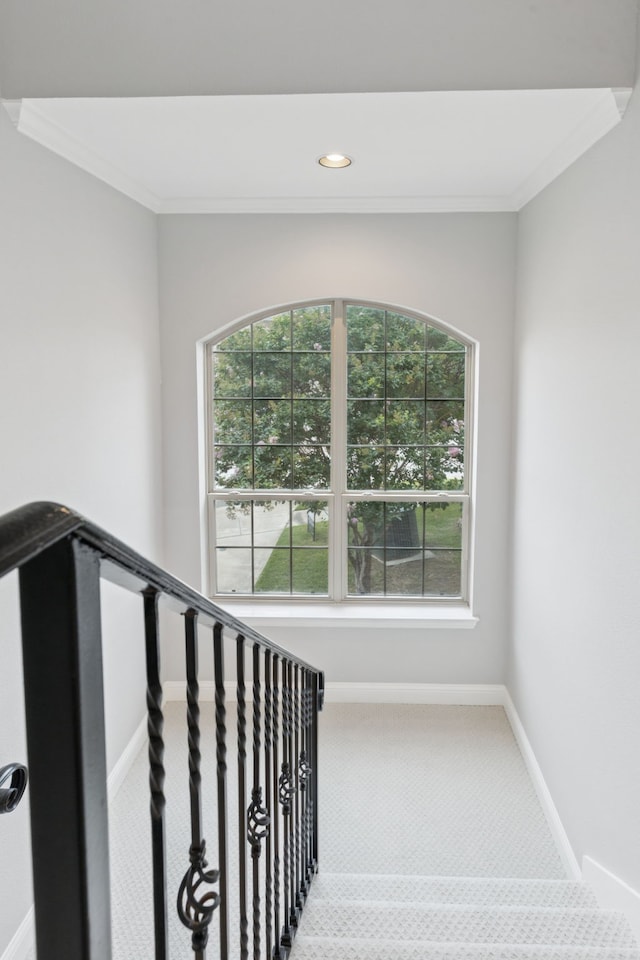 3711 Venice Dr, Irving, TX 75038 - stairway with carpet, ornamental molding, baseboards, and recessed lighting