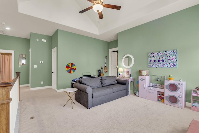 2116 Tremont Blvd, Mckinney, TX 75071 - living area featuring carpet floors, ceiling fan, lofted ceiling, and recessed lighting