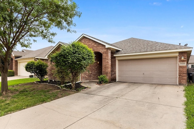 13209 Fencerow Rd, Fort Worth, TX 76244 - ranch-style house with brick siding, concrete driveway, an attached garage, and a shingled roof