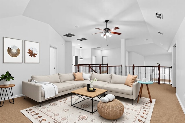 3436 Copper Point Ln, Frisco, TX 75034 - carpeted living room with lofted ceiling, a ceiling fan, and baseboards