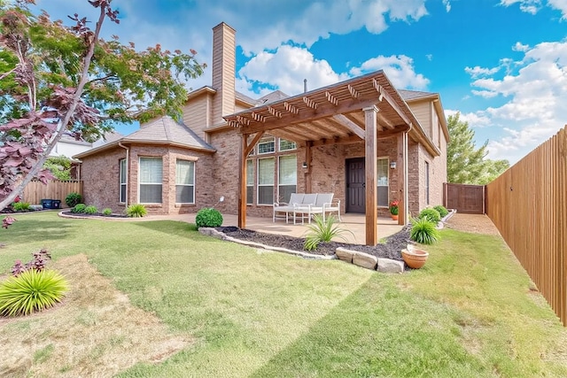 3436 Copper Point Ln, Frisco, TX 75034 - rear view of house with brick siding, a patio, a pergola, and a chimney