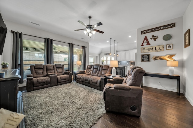 1925 Knoxbridge Rd, Forney, TX 75126 - living area featuring ceiling fan, plenty of natural light, dark wood-style floors, baseboards, and recessed lighting