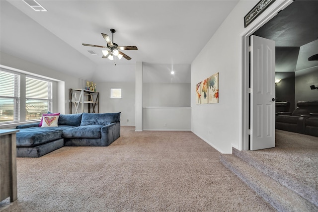 1925 Knoxbridge Rd, Forney, TX 75126 - living area featuring carpet, healthy amount of natural light, ceiling fan, baseboards, and vaulted ceiling