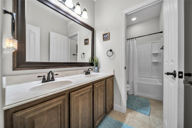 1925 Knoxbridge Rd, Forney, TX 75126 - bathroom with double vanity, toilet, tile patterned floors, shower / bath combination with curtain, and baseboards