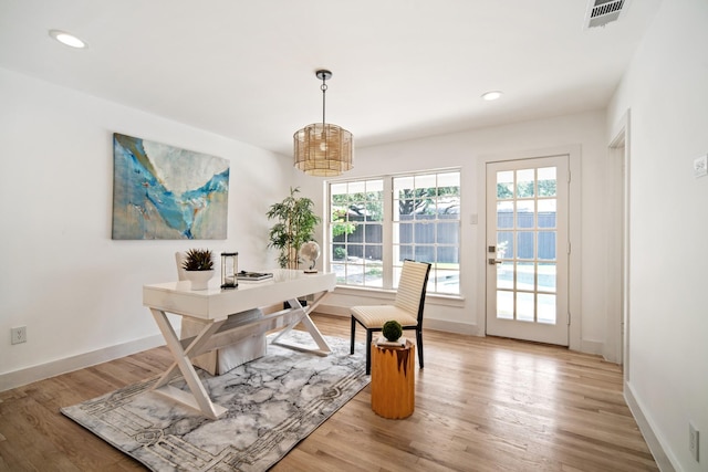 4336 Irvin Simmons Dr, Dallas, TX 75229 - office area featuring light wood finished floors, recessed lighting, and a chandelier