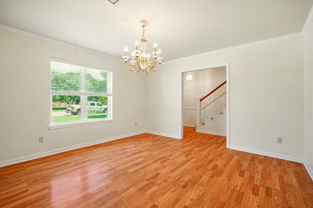 2050 Greenbriar Dr, Abilene, TX 79605 - empty room featuring a chandelier, ornamental molding, stairway, light wood finished floors, and baseboards