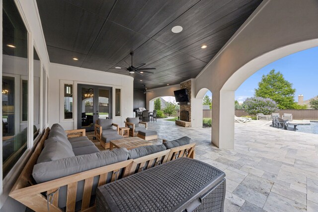 400 Whitley Place Dr, Prosper, TX 75078 - view of patio with an outdoor living space with a fireplace, ceiling fan, and outdoor dining space
