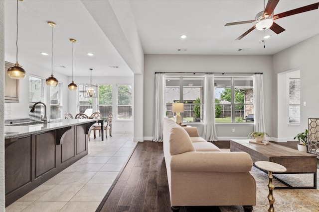350 Lake Trail Ln, Prosper, TX 75078 - living room featuring recessed lighting, baseboards, a ceiling fan, and light wood-type flooring