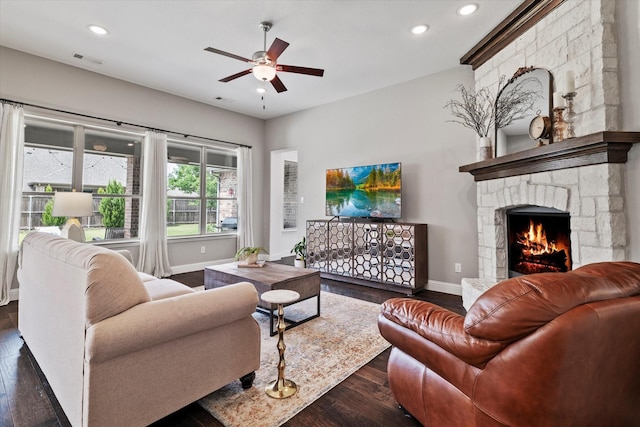 350 Lake Trail Ln, Prosper, TX 75078 - living area featuring ceiling fan, dark wood-style floors, baseboards, recessed lighting, and a fireplace
